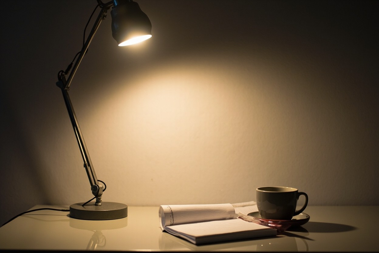 A desk lamp casting warm light across a notebook on a clean workspace during an early morning interior, with a coffee cup beside the pages.