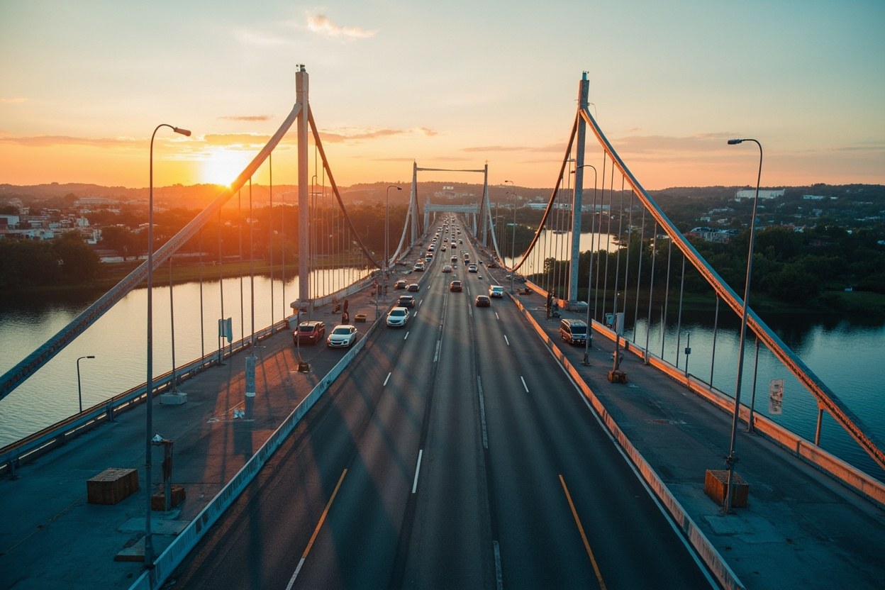A small American bridge over still water at first light, lanes of traffic suggested by faint lines, the kind of structure that connects two registration systems without merging them.