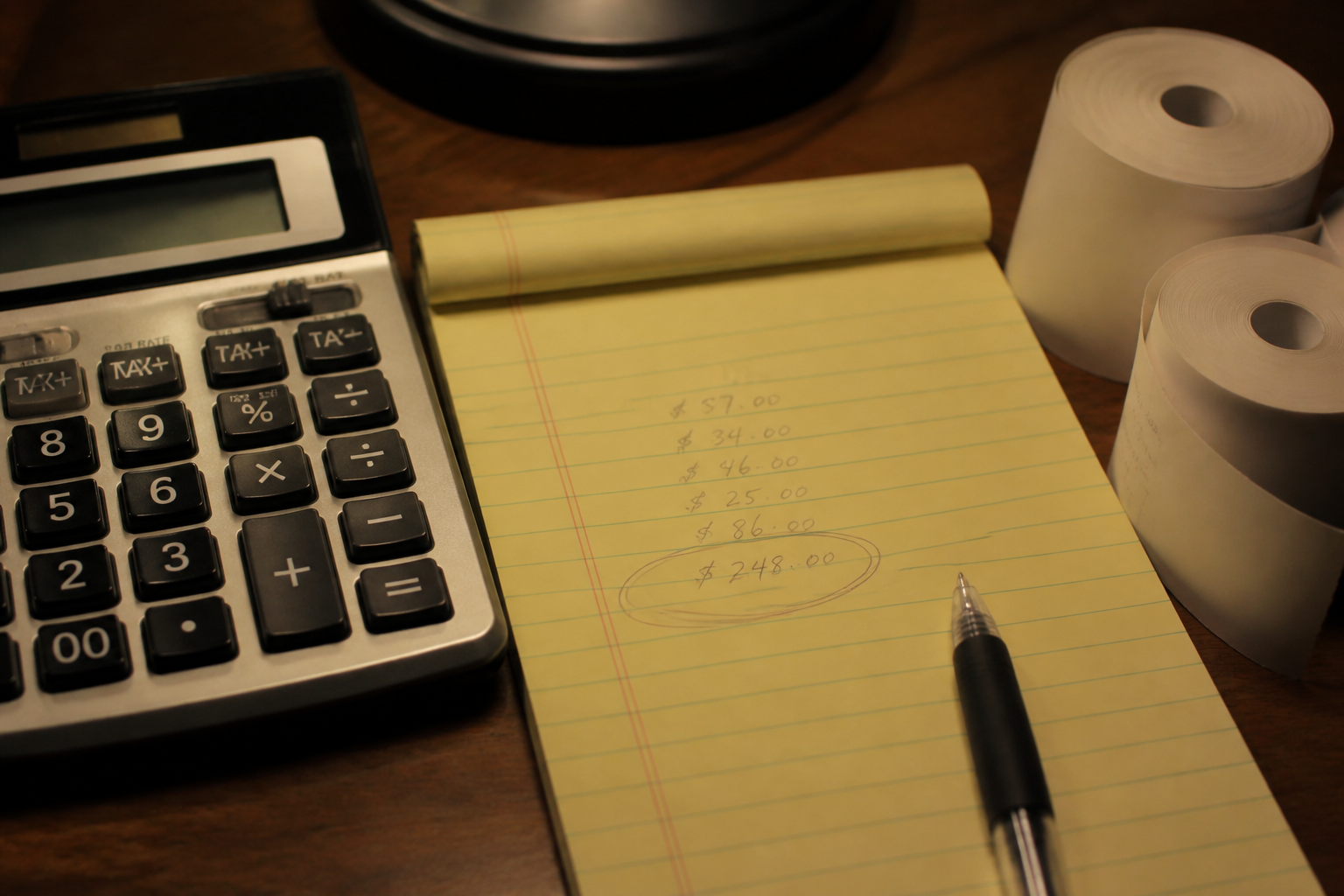 A desktop calculator, a circled dollar figure on a yellow pad, and a paper tape.
