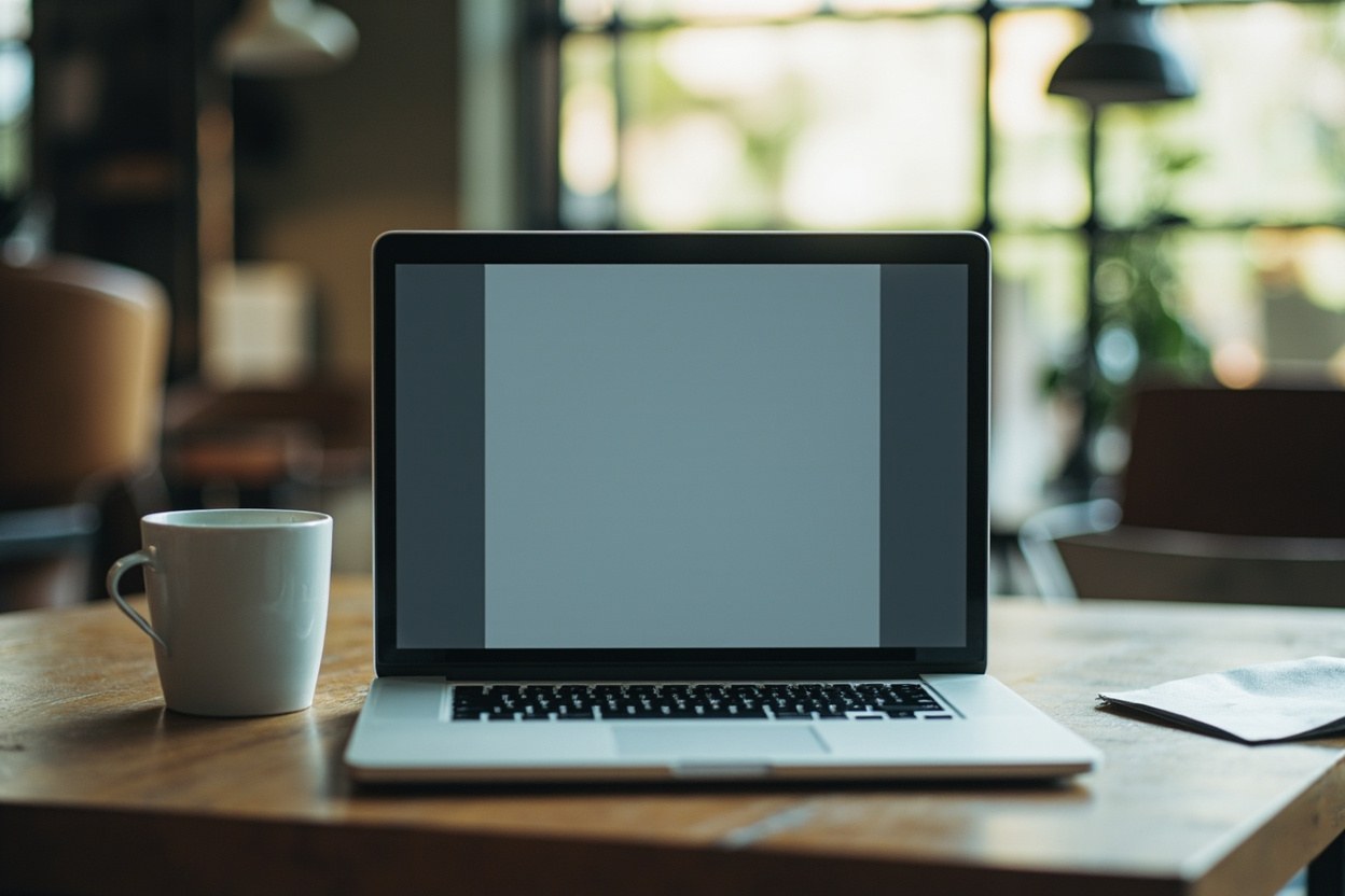 Open laptop on a desk beside a coffee cup in a quiet office interior