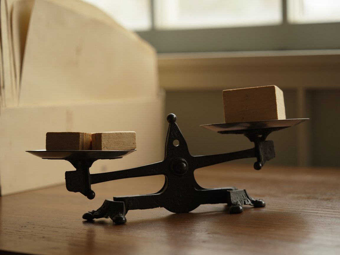 An old cast-iron two-pan balance scale on a wooden desk, with two small wooden blocks on one pan and a single larger block on the other, and plain folders behind it in soft window light.