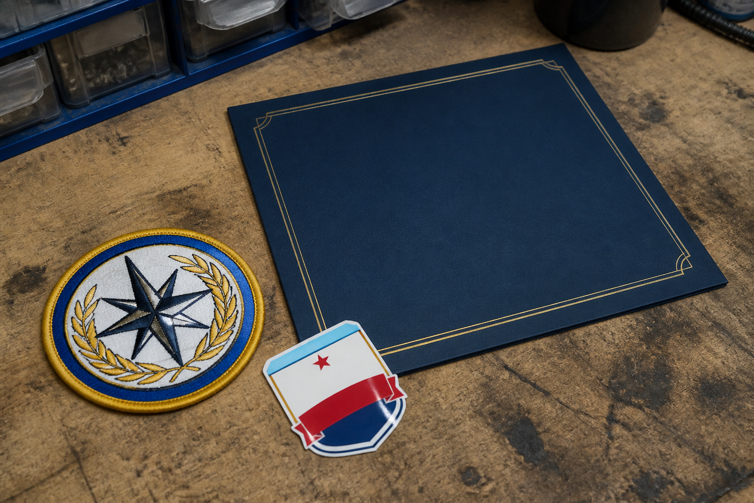 A real embroidered patch next to a glossy unofficial badge and a blank certificate folder.