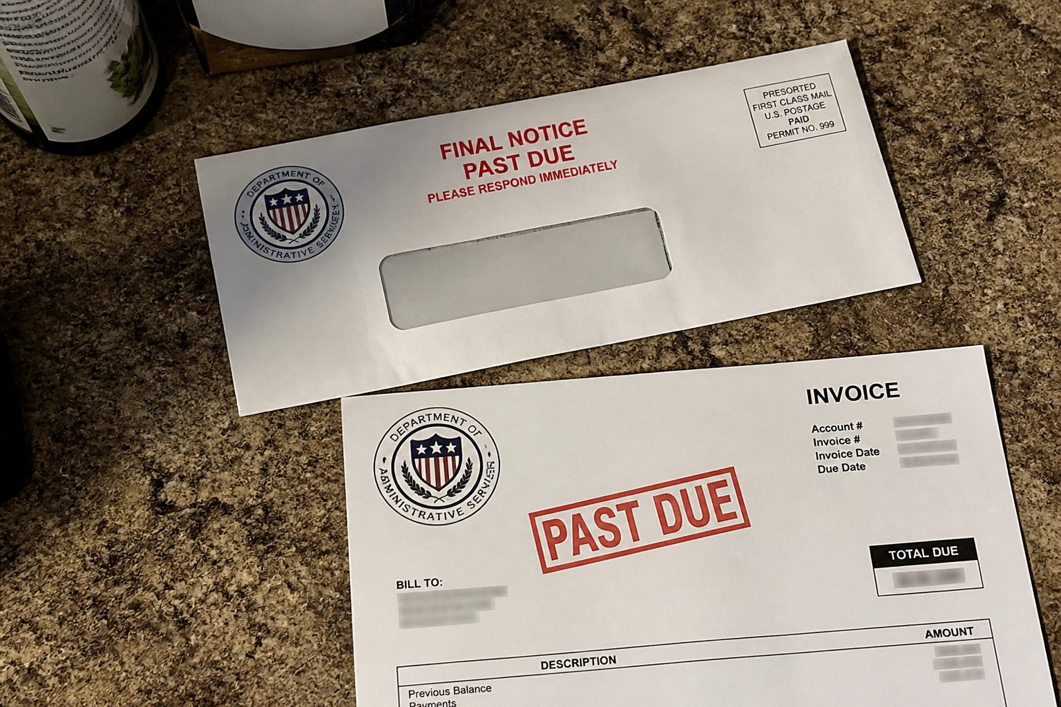 A fake official invoice and envelope.