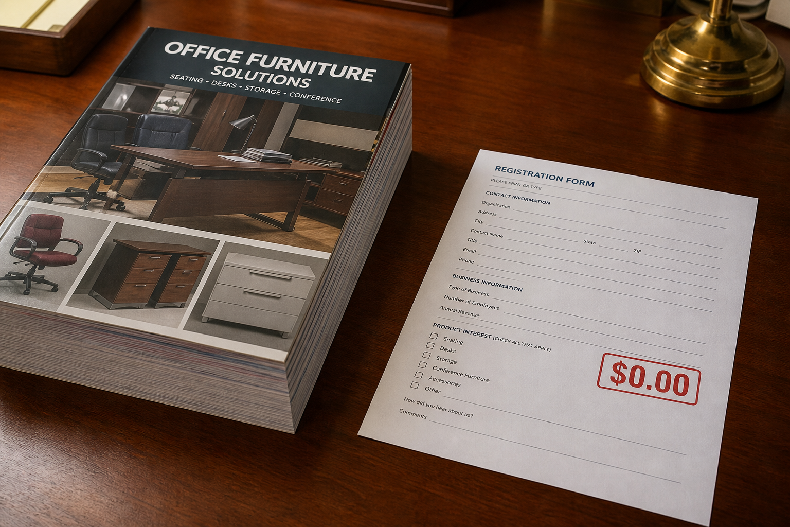 A thick catalog beside a thin registration form stamped $0.00.