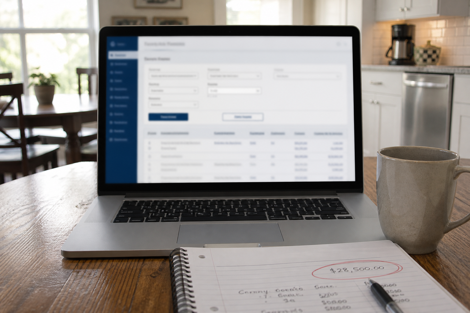 A laptop on a kitchen table showing a blurred procurement search and a notebook.