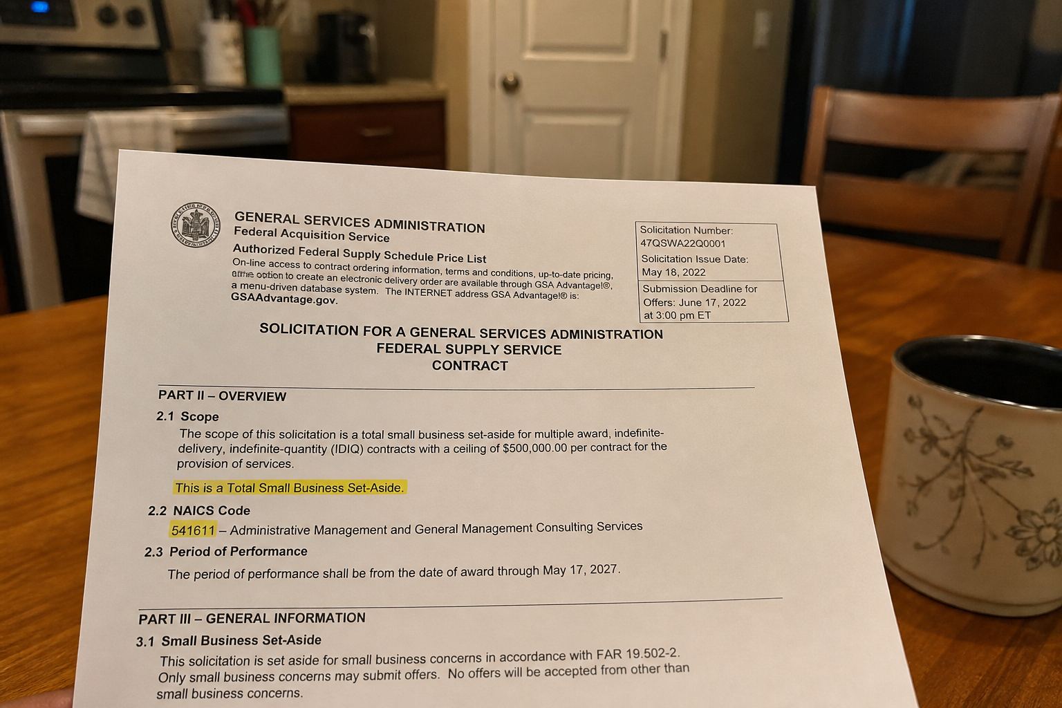 A solicitation with Small Business Set-Aside highlighted.