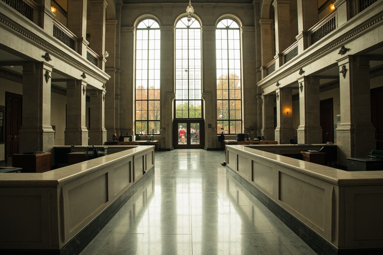 Wide angle of a federal building rotunda with high arched windows and a long marble counter, the desks unlit and the corridor empty under fluorescent ceiling light