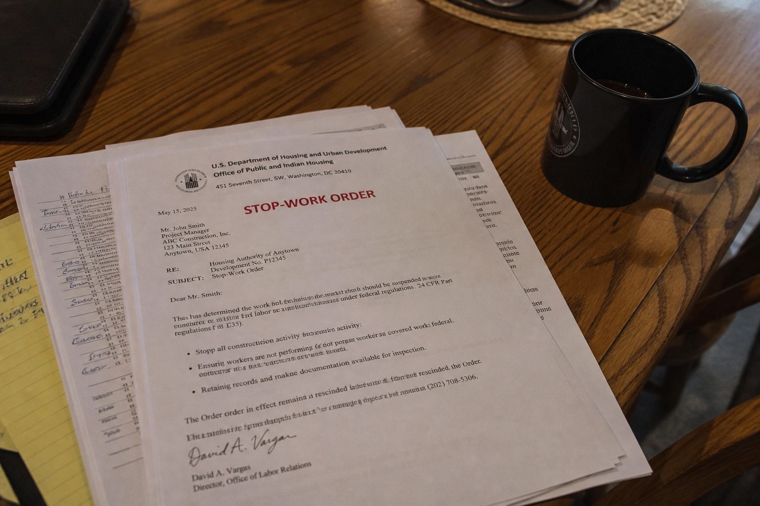 A printed stop-work order on a federal contract.
