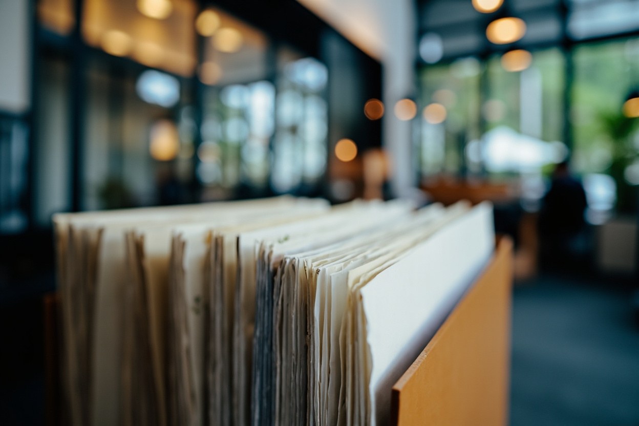 A folder of corporate documents on a shelf in a working office interior