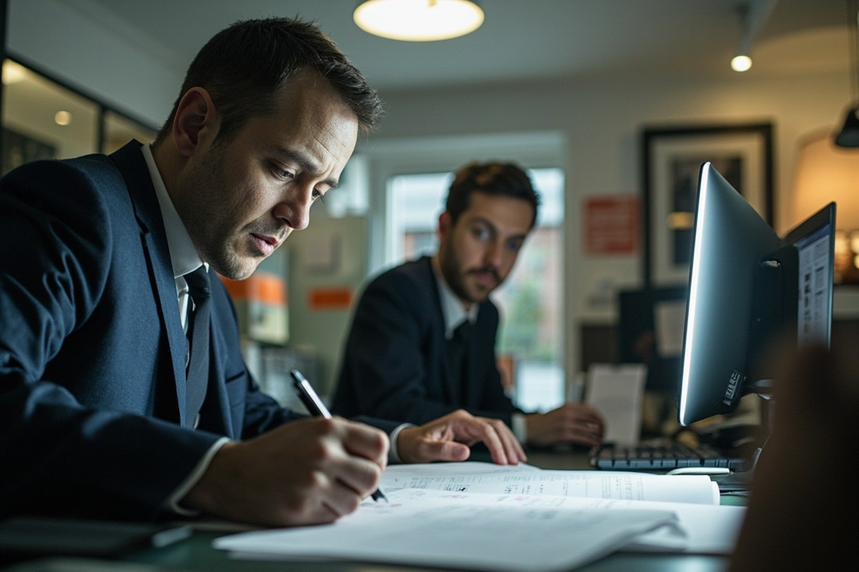 A federal contracting officer reviewing size standard thresholds at a desk in an office with overhead lighting