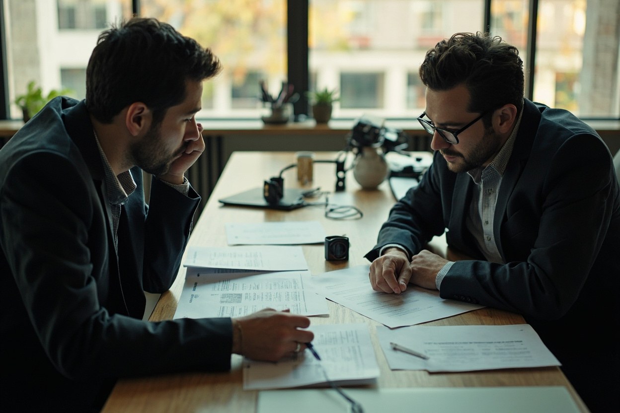 Two people reviewing printed documents at a long table in a quiet office interior