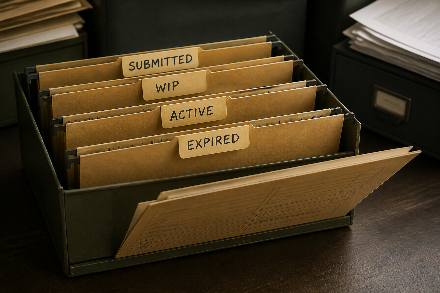 File folders tabbed Submitted, WIP, Active, and Expired in a metal tray.