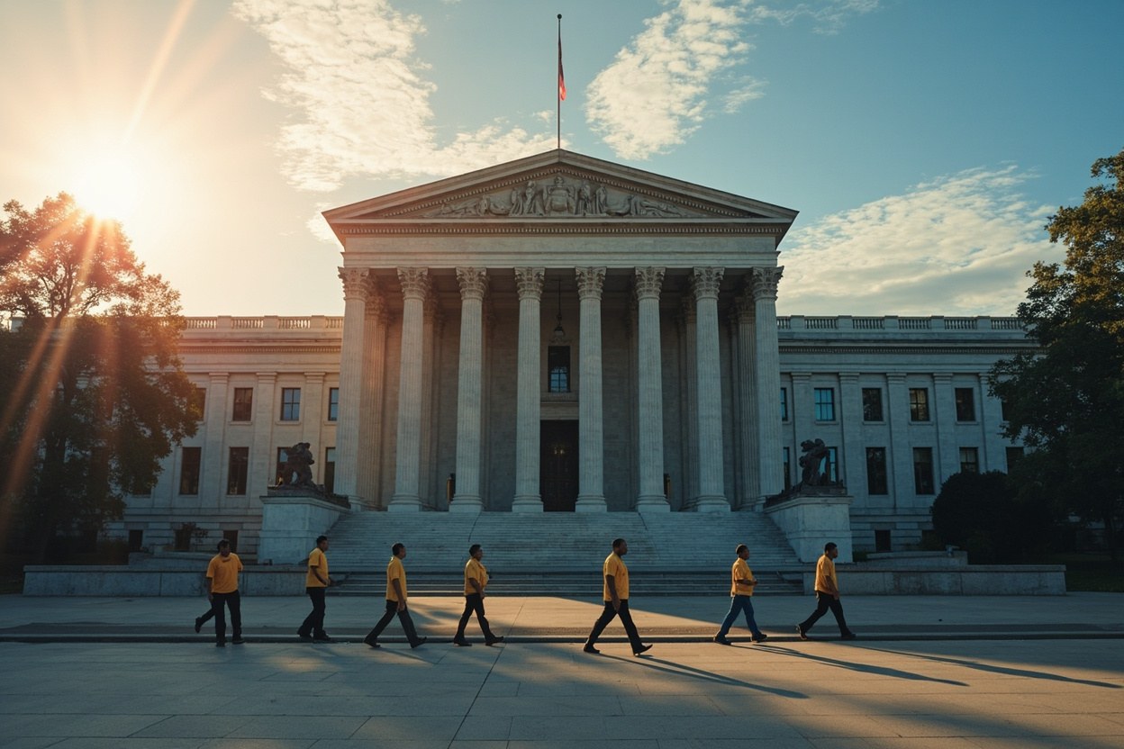 A government building facade at first light with workers crossing the plaza, a metaphor for the resumption of federal operations after a funding lapse