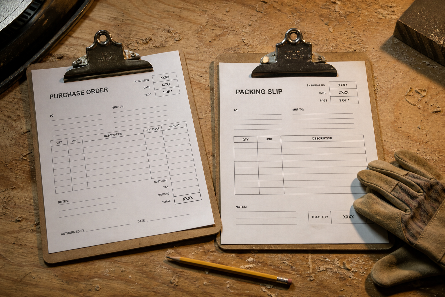 Two clipboards on a workbench: a purchase order and a packing slip.