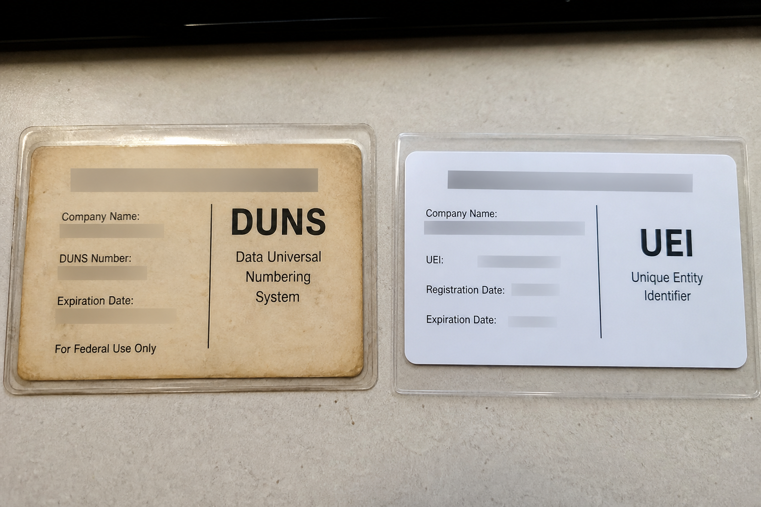 Two laminated identifier cards on a desk, one yellowed and one new.