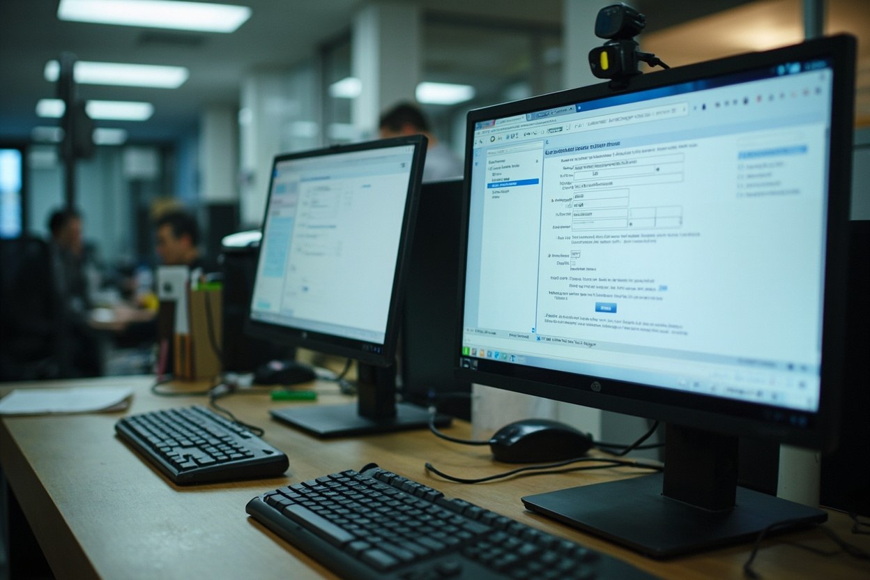 Two computer monitors side by side on an office counter, showing matching and mismatching business name fields in soft interior light.