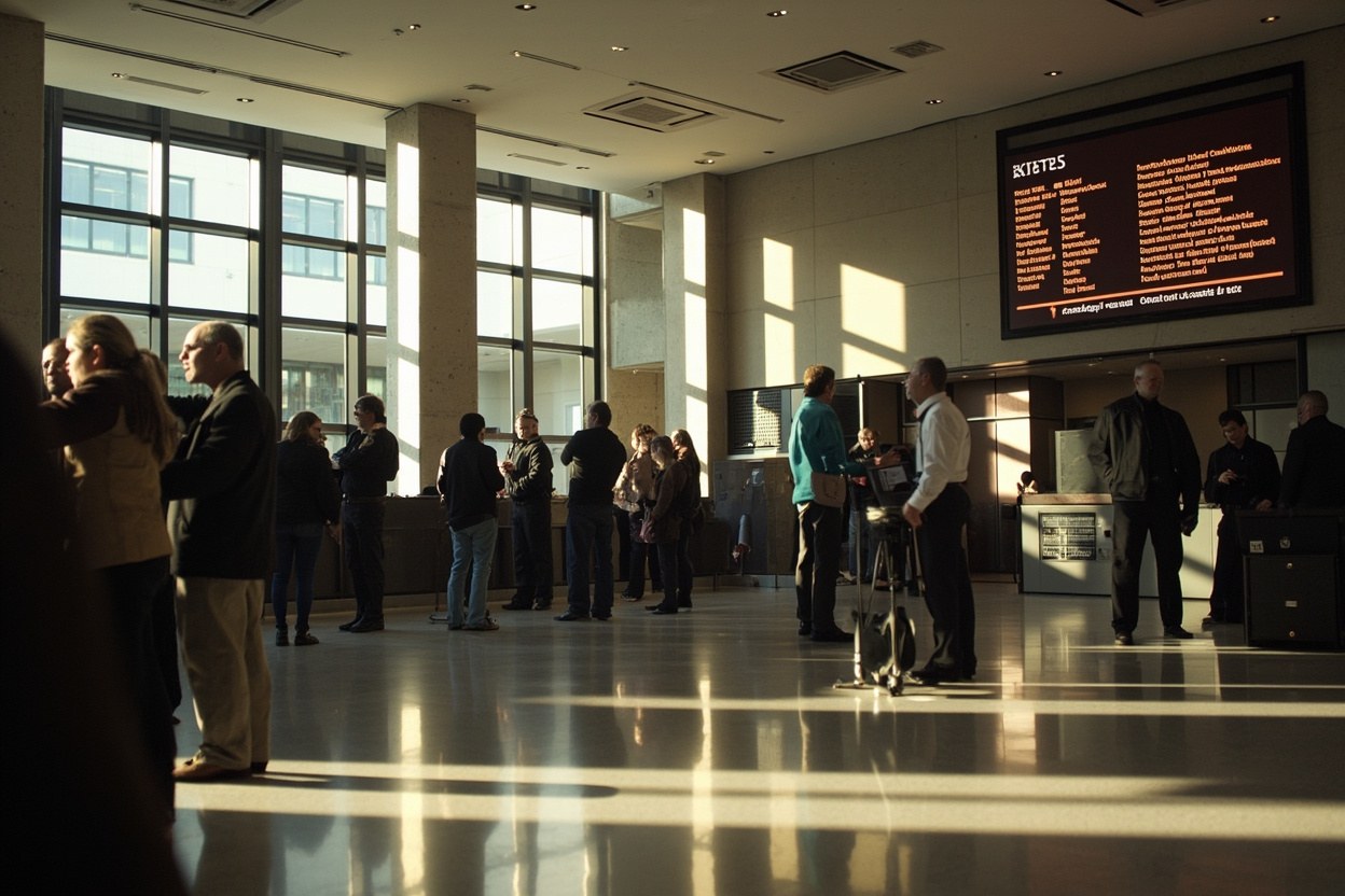 A federal building lobby in morning daylight, with a queue of contractors waiting at a service desk and a status board showing ticket numbers in the background.
